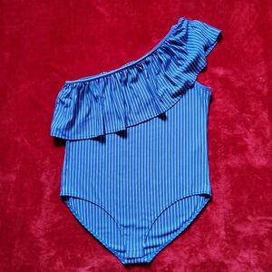 NEW Mark One-Shoulder Body Suit Blue White Striped Ruffled Women's Size XL 16